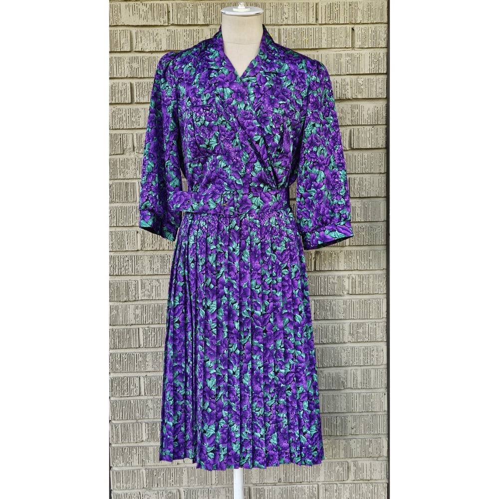 Vintage 80's Breli Original Size 12 Purple Floral Belted Dress